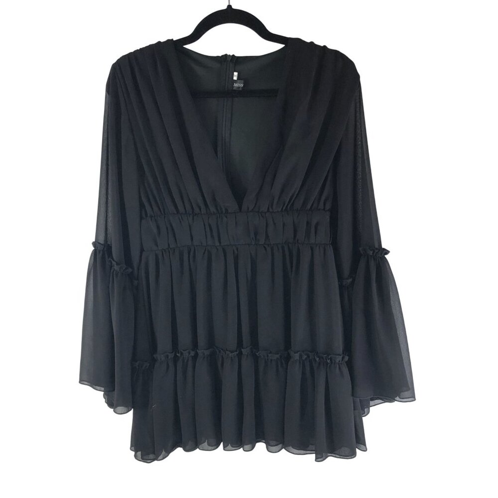 Miss Ord Black Tiered Ruffle Sheer Bell Sleeve Chiffon Top Tunic Zipper Back M